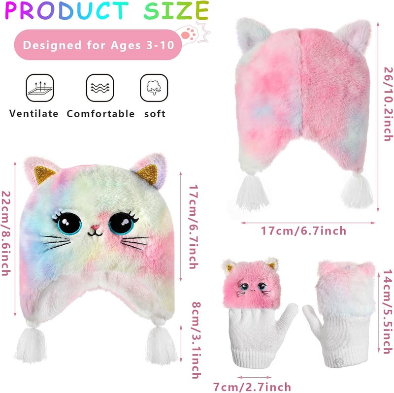 Hifot Girls Hat and Gloves Set, Winter Hats and Gloves for Kids, Fluffy Earflap Cat Beanie with Winter Mitten for Kids - Image 4